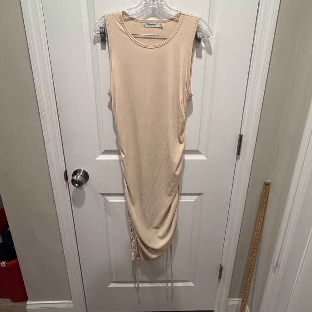 Yidarton Womens Sleeveless Ribbed Ruched Side Drawstring Bodycon Dress Beige XL